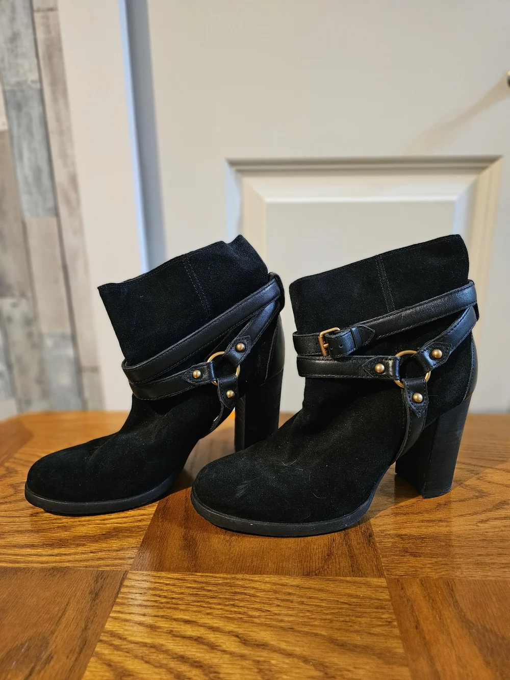 UGG Black Suede Ankle Booties with Harness Strap Sz 8