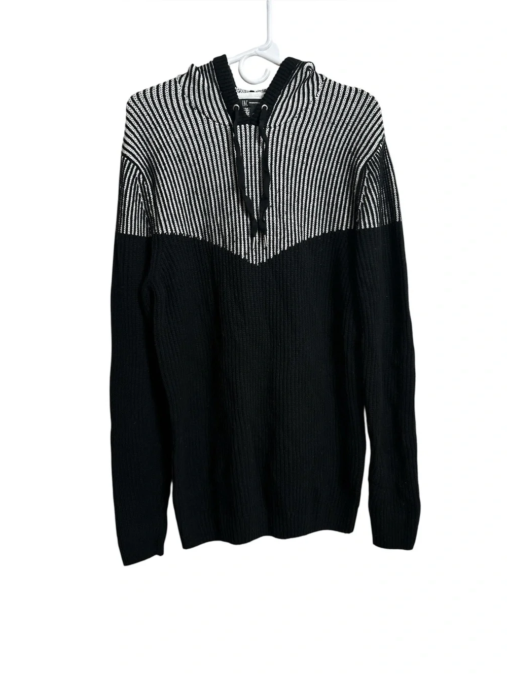 INC International Concepts Men’s Black & White Striped Crewneck Hoodie Sweater