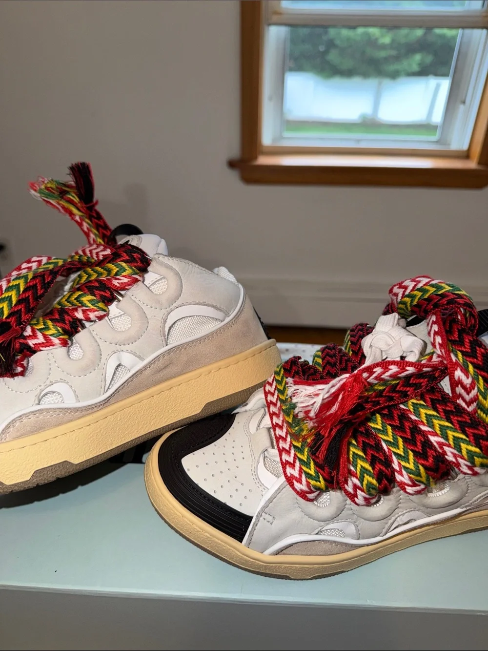 Lanvin White Sneakers with Black Toe and Multicolor Rope Laces