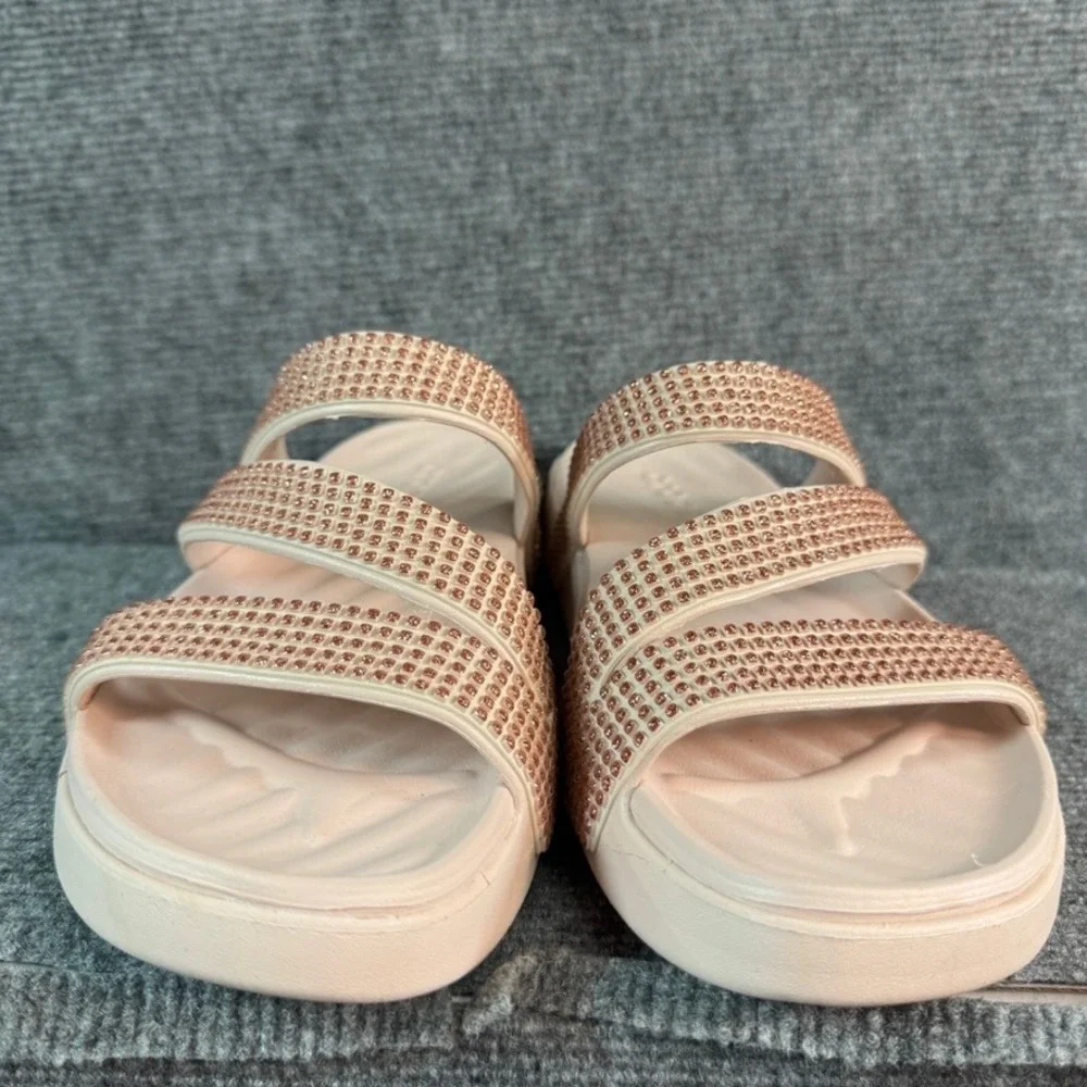 Crocs Brooklyn Strappy Low Wedge Sandals Rhinestone Blush Pink Nude Womens 9