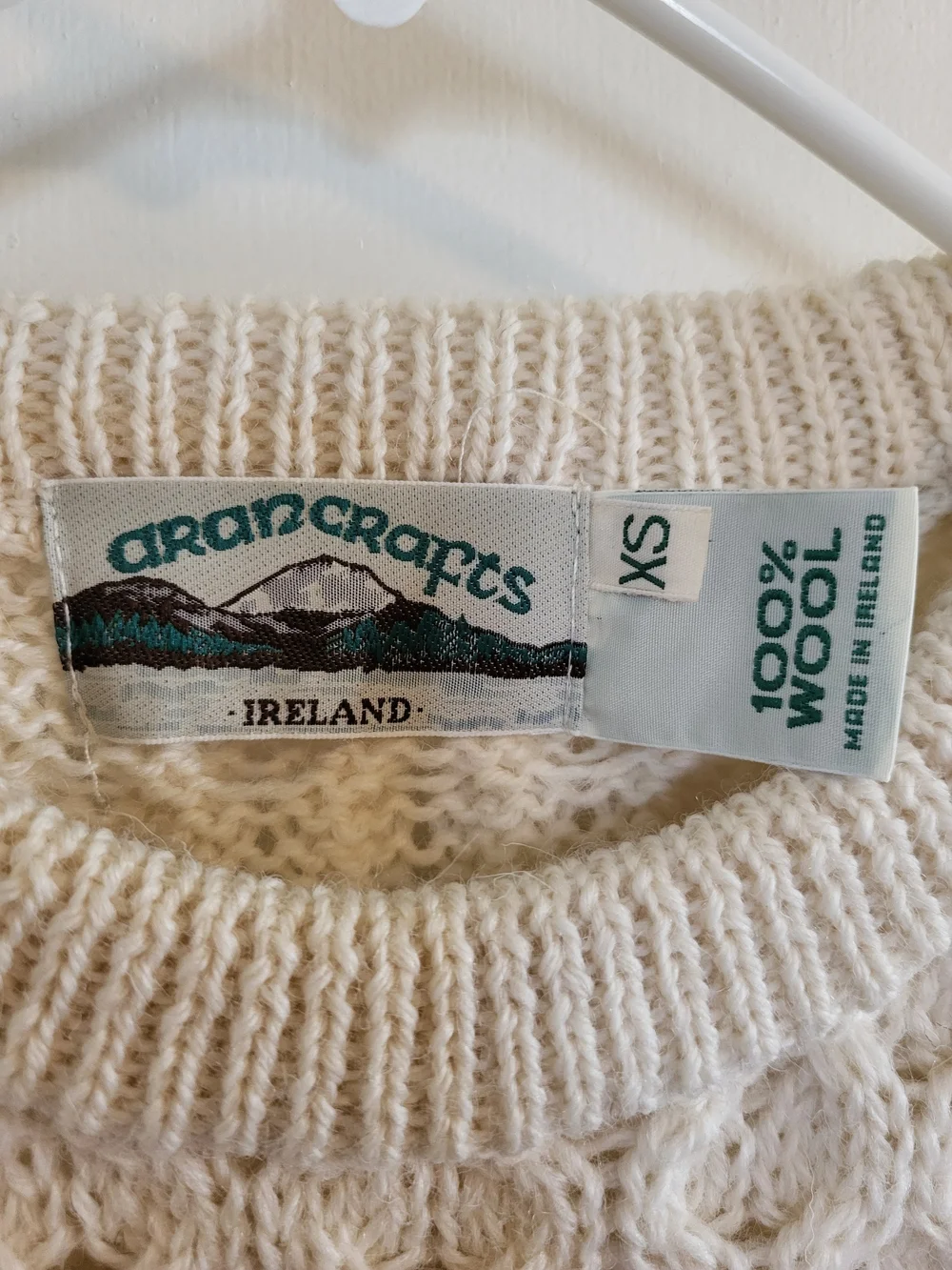 Aran Crafts 100% Wool Fisherman Chunky Cable Knit Crew Neck Sweater Cream Sz XS