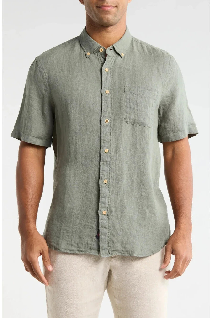 Faherty Laguna Linen Shirt Men’s Medium Spruce Green 100% Linen Short Sleeve