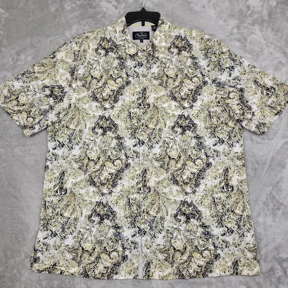 Nat Nast Luxury Originals Shirt Mens L Green Black Abstract 100% Linen Button-Up
