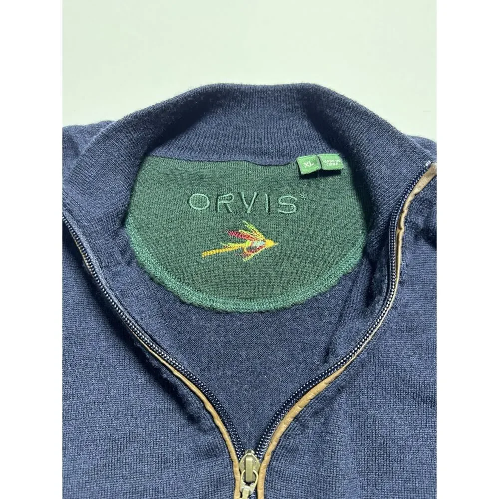 Orvis Blue 1/4 Zip Mock Neck Wool Pullover Sweater Solid Logo XL