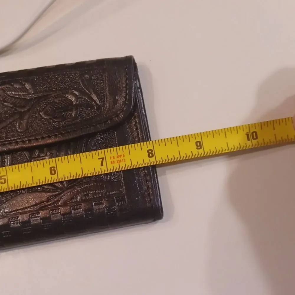 Vintage Hand Tool Black Embossed Floral Western Women's Leather Wallet New