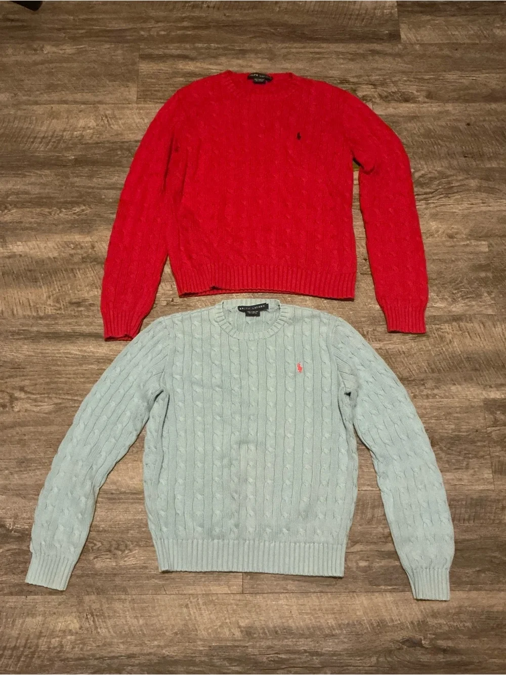 Polo by Ralph Lauren Red and Light Blue Crewneck Cable Knit Sweaters