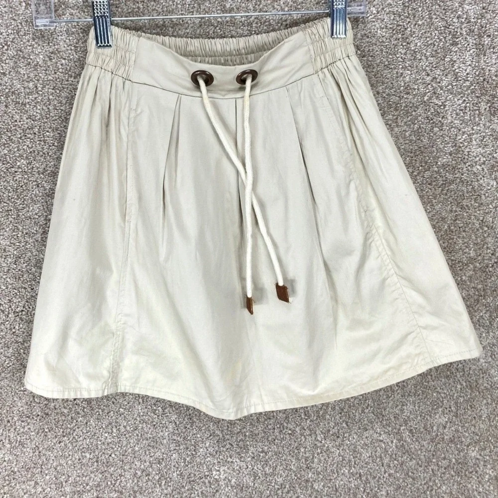 Zara Pleated Drawstring Mini Skirt Womens XS Beige Elastic Waist Cotton Coastal