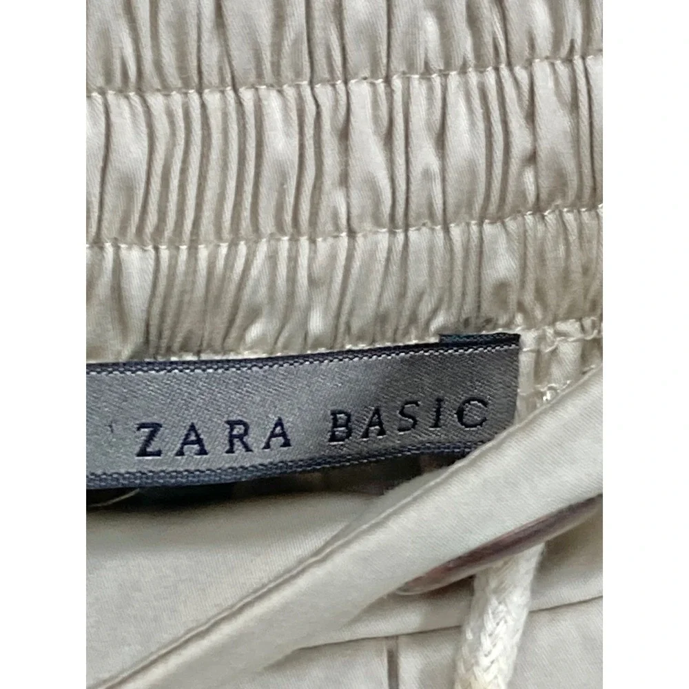 Zara Pleated Drawstring Mini Skirt Womens XS Beige Elastic Waist Cotton Coastal