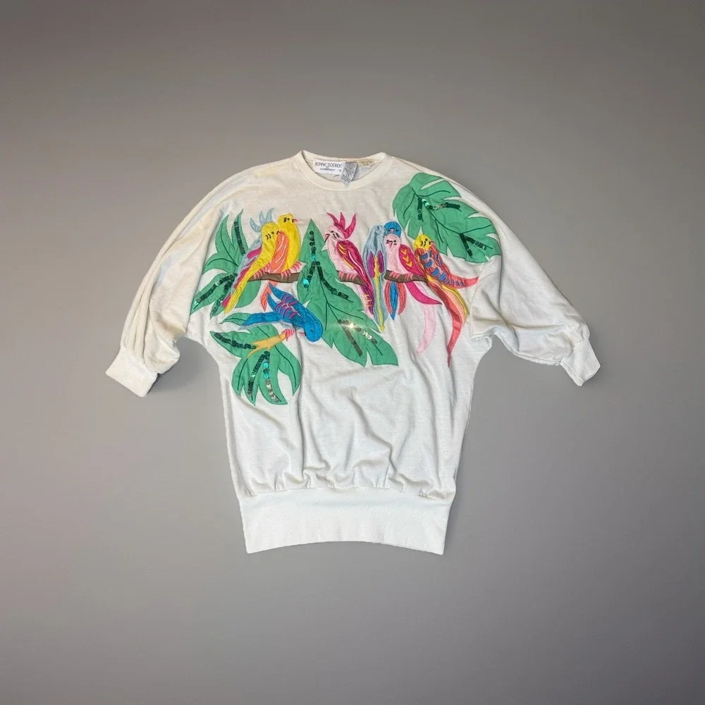 Vtg 80's Bonnie Boerer & Co Womens Top Size L Colorful Bird Art Embroidered
