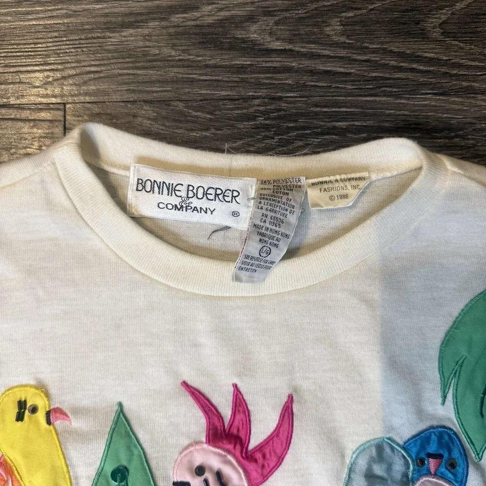 Vtg 80's Bonnie Boerer & Co Womens Top Size L Colorful Bird Art Embroidered