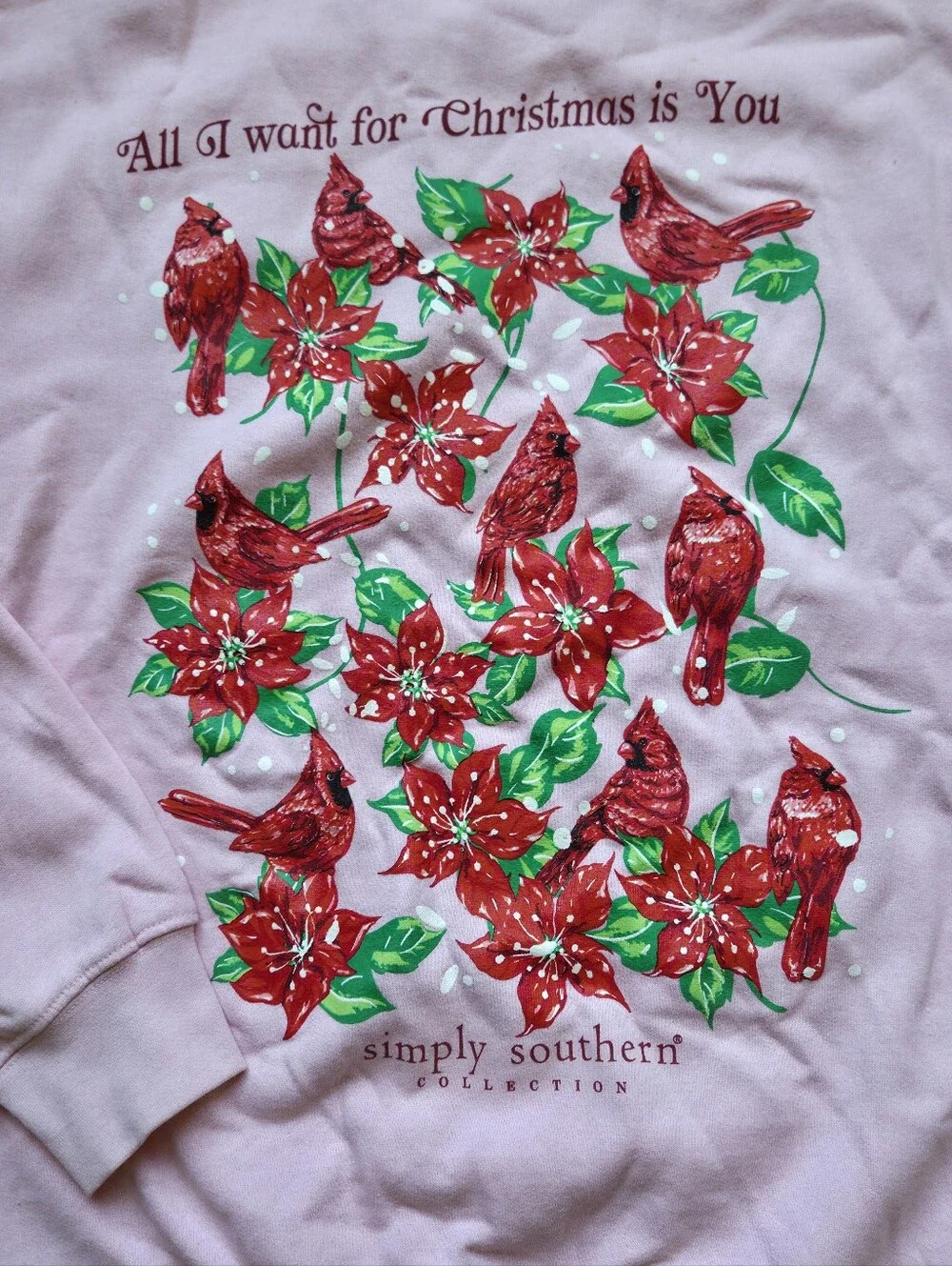 Simply Southern Pink Christmas Sweatshirt Cardinals Poinsettia Sz XS-S