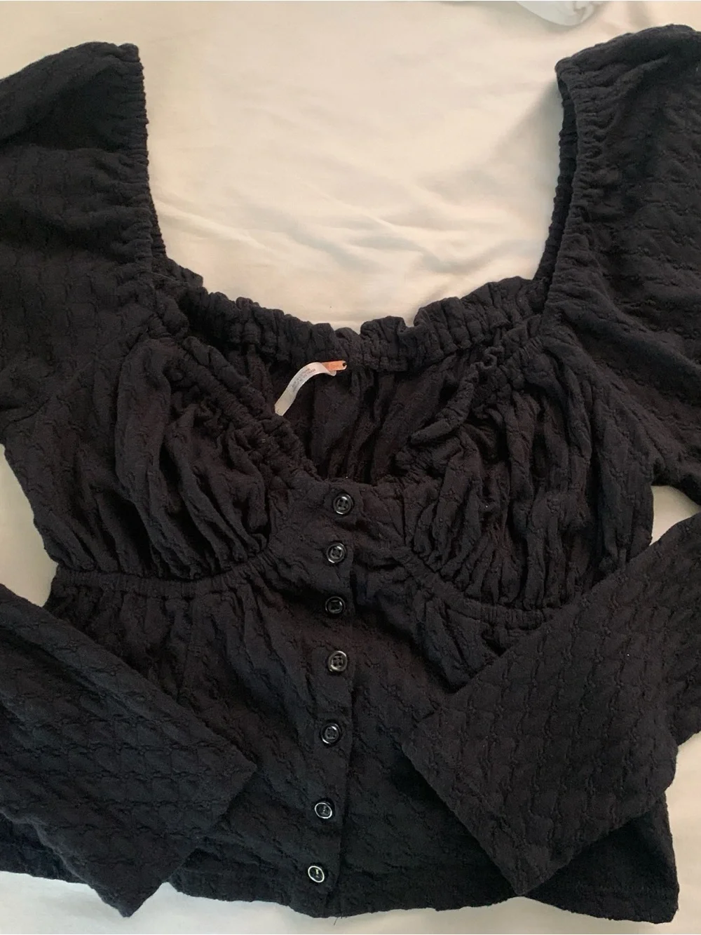 Free People Black Ladybug Puff Sleeve Crop Top Button-down Square Neck Top