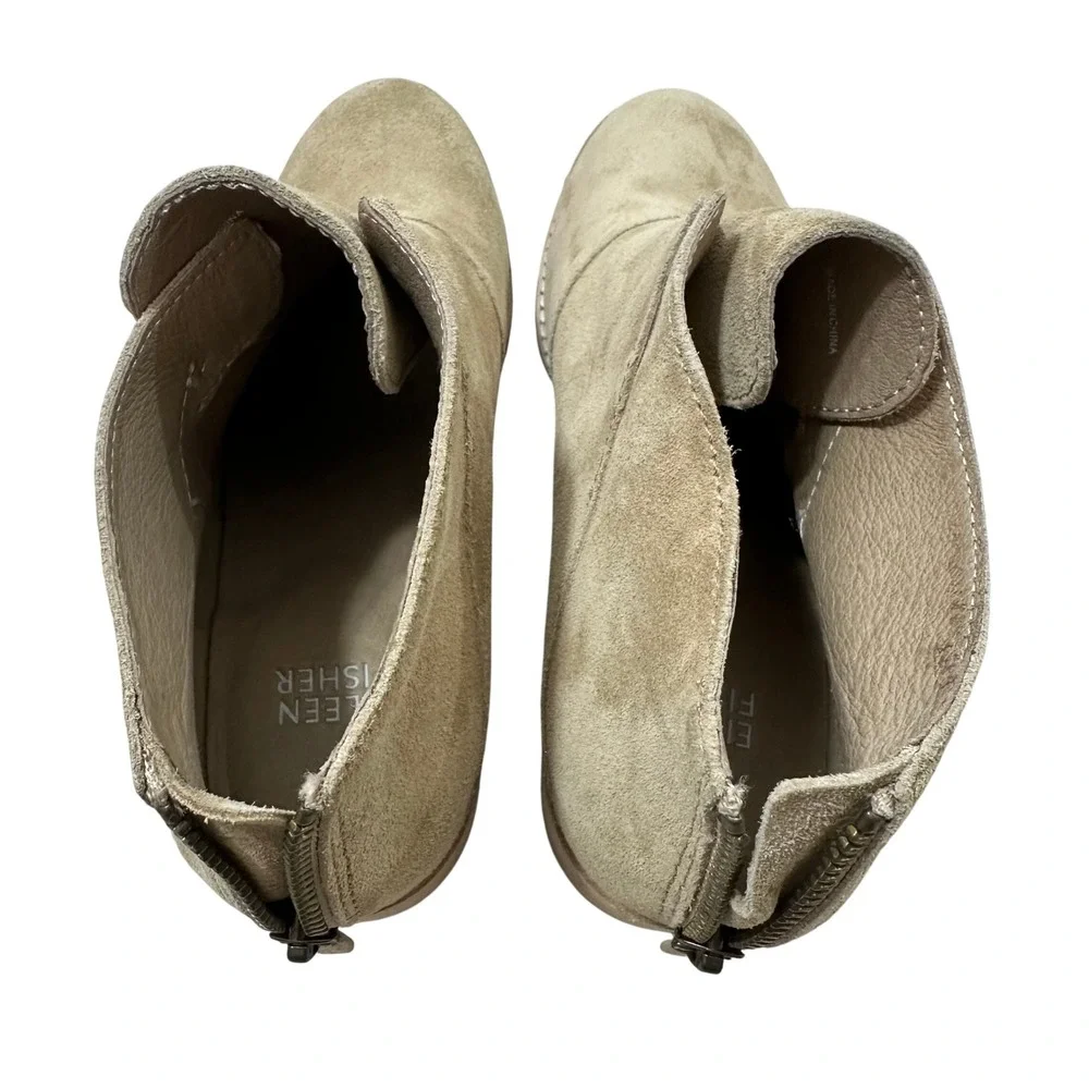 Eileen Fisher Tan Suede Split Front Ankle Booties Stacked Block Heel Size 6 NWOT