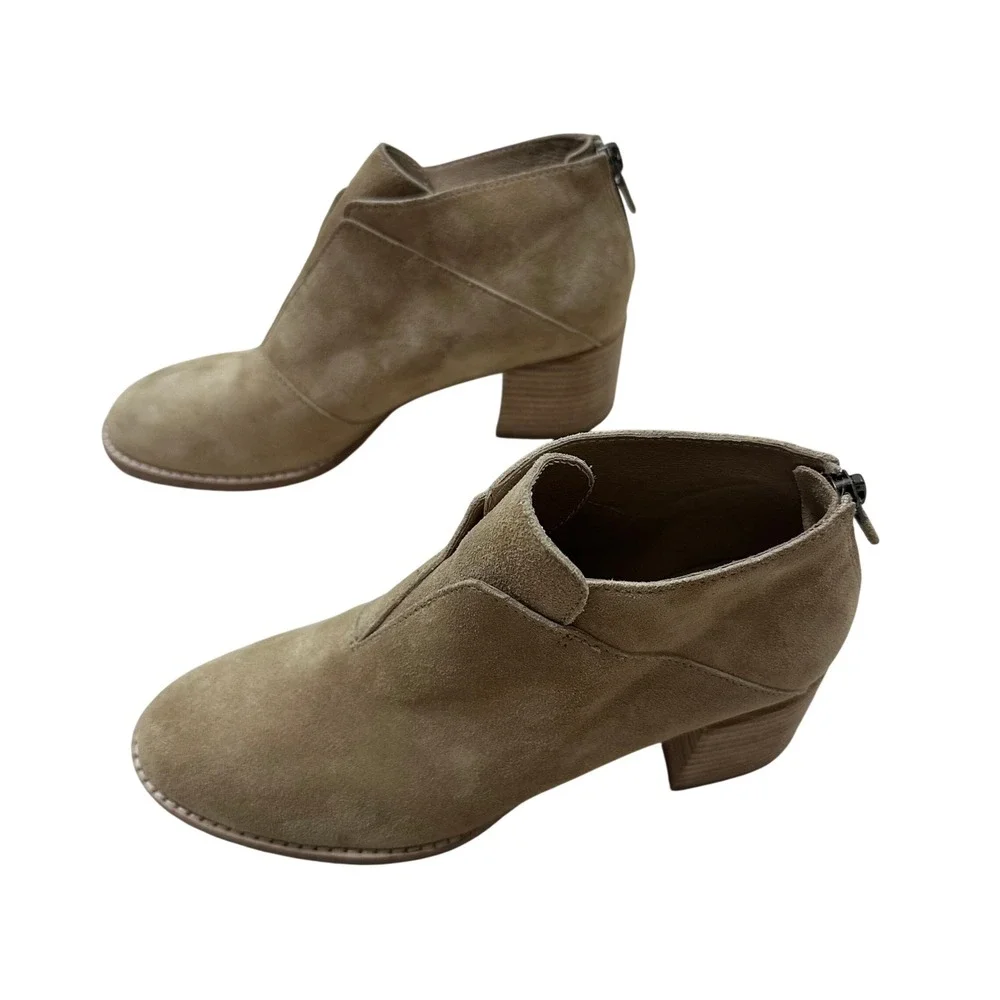 Eileen Fisher Tan Suede Split Front Ankle Booties Stacked Block Heel Size 6 NWOT