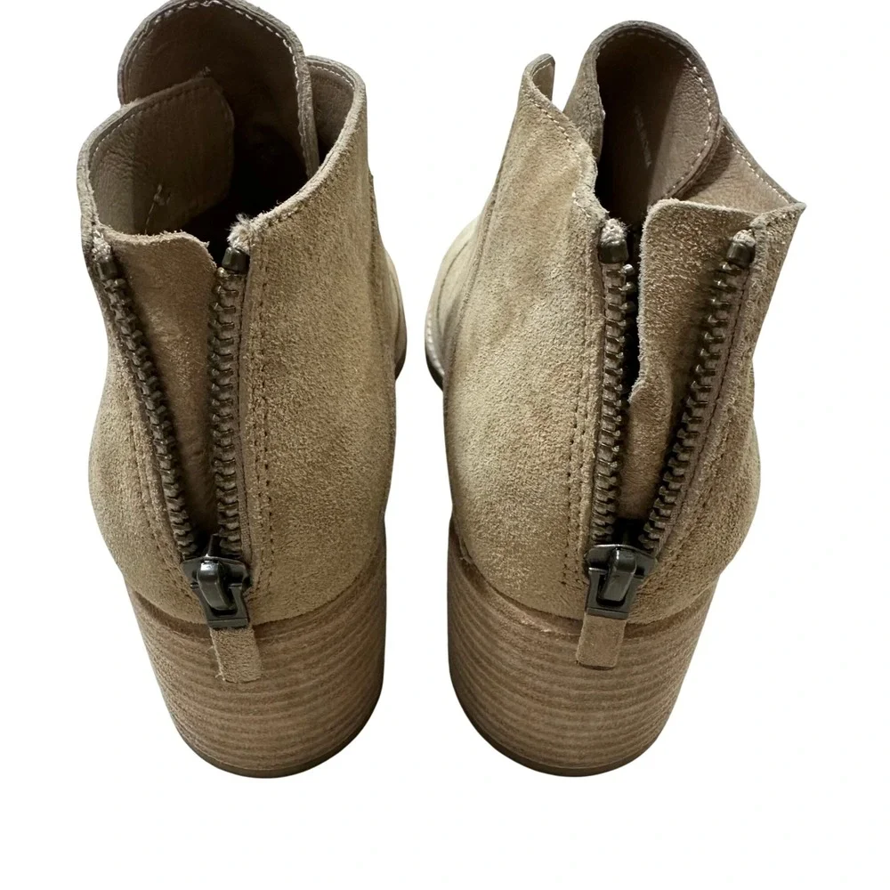 Eileen Fisher Tan Suede Split Front Ankle Booties Stacked Block Heel Size 6 NWOT