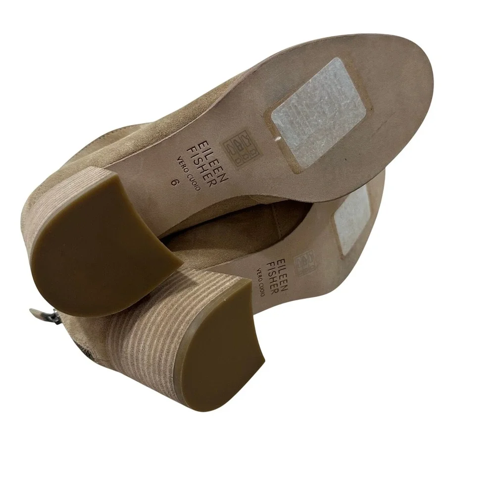 Eileen Fisher Tan Suede Split Front Ankle Booties Stacked Block Heel Size 6 NWOT