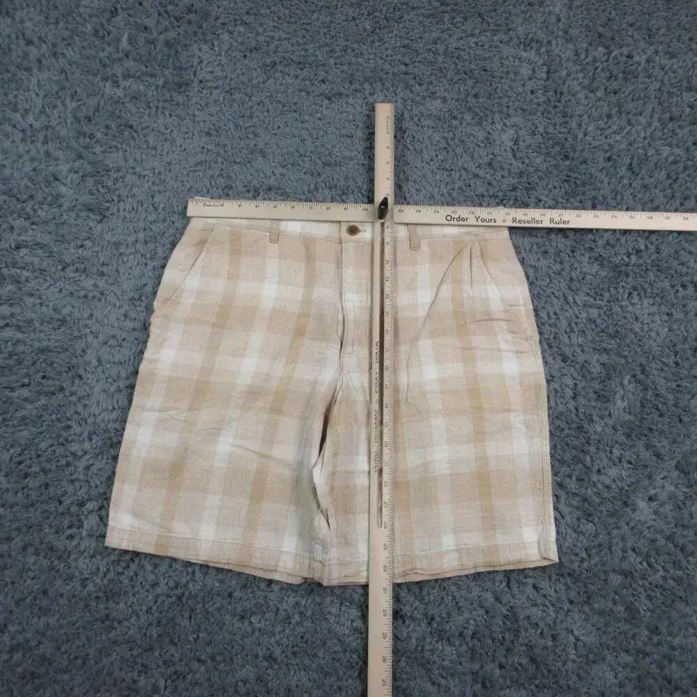 Tasso Elba Shorts Mens 34 Beige Plaid Linen Cotton Chino Pleated Casual 36x9*