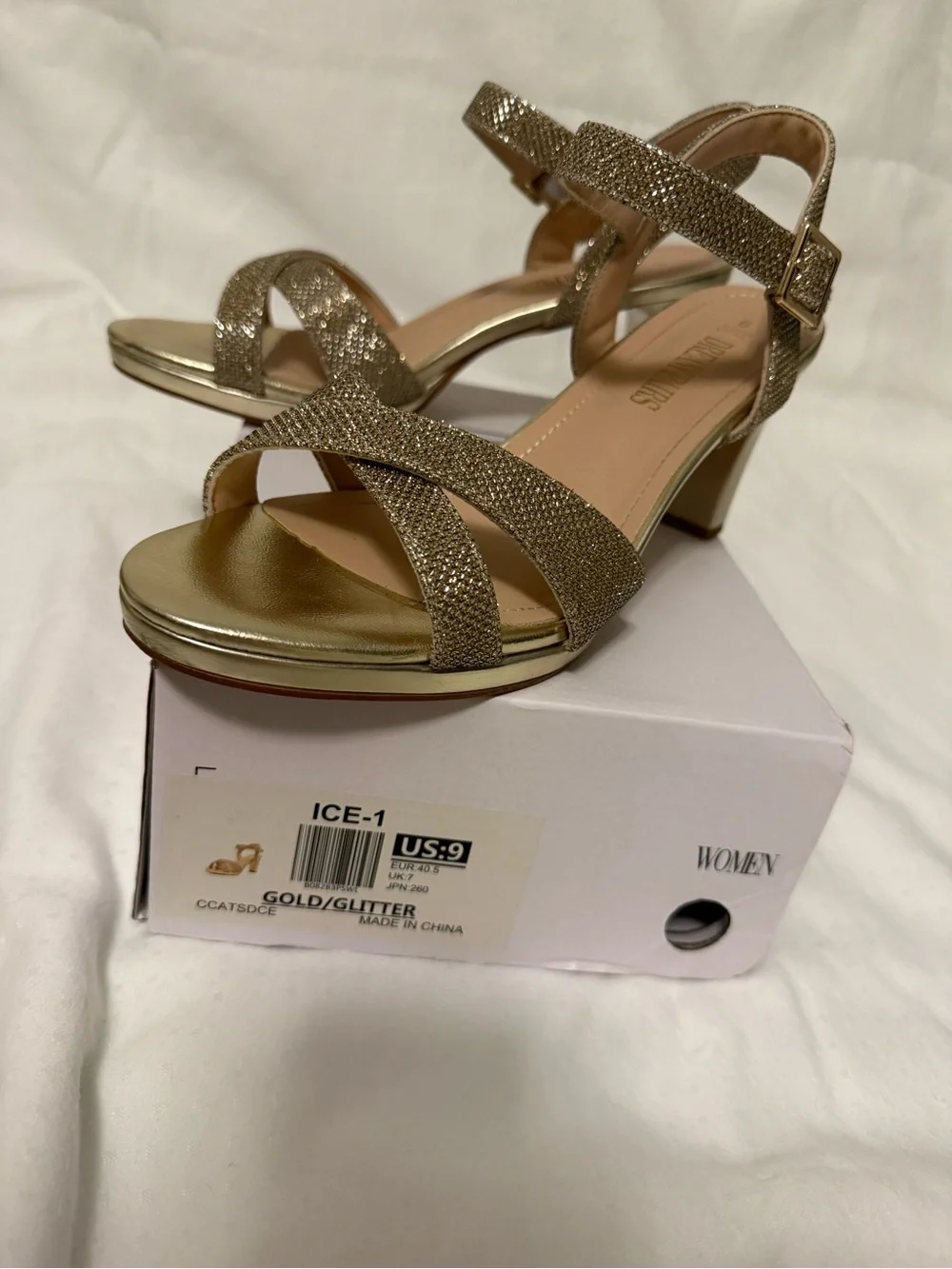 Gold Sparkle Block Heel Ankle Strap Sandals - Women