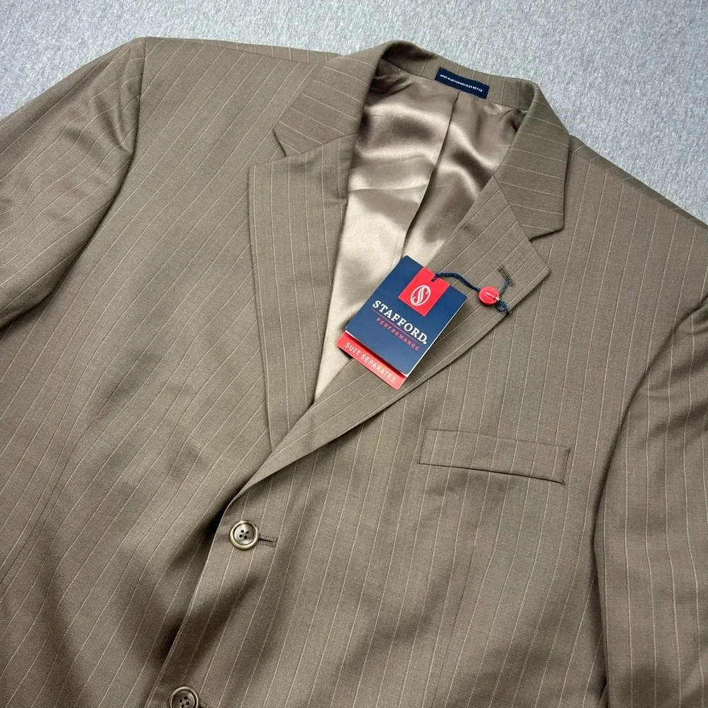 Stafford Performance Classic Fit Worsted‎ Wool Blazer Mens 48R Taupe Striped NEW