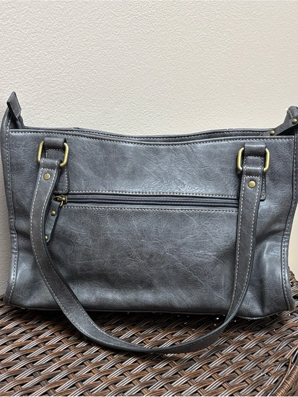 b.o.c. Gray Faux Leather Shoulder Bag with Front Zip Pocket