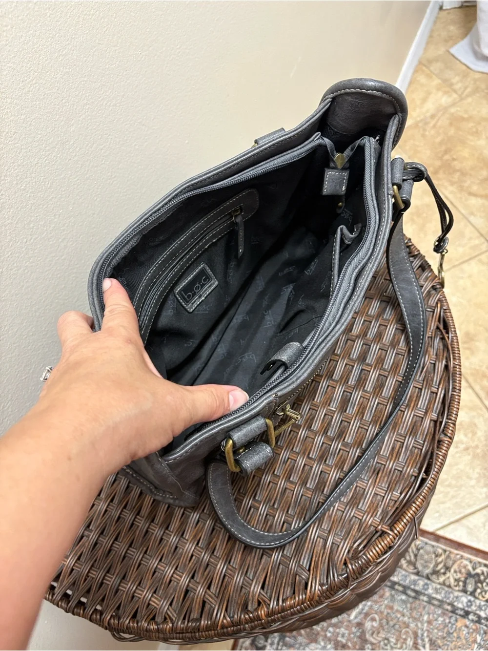 b.o.c. Gray Faux Leather Shoulder Bag with Front Zip Pocket