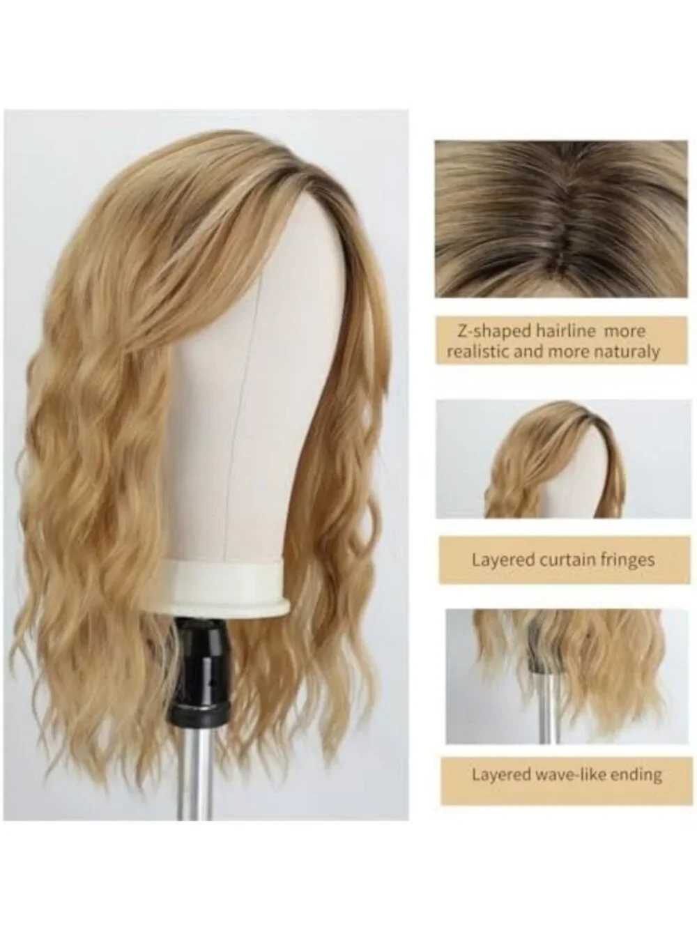 18in Ombre Blonde Layered Wavy Wig with Curtain Bangs for Daily & Party Wear