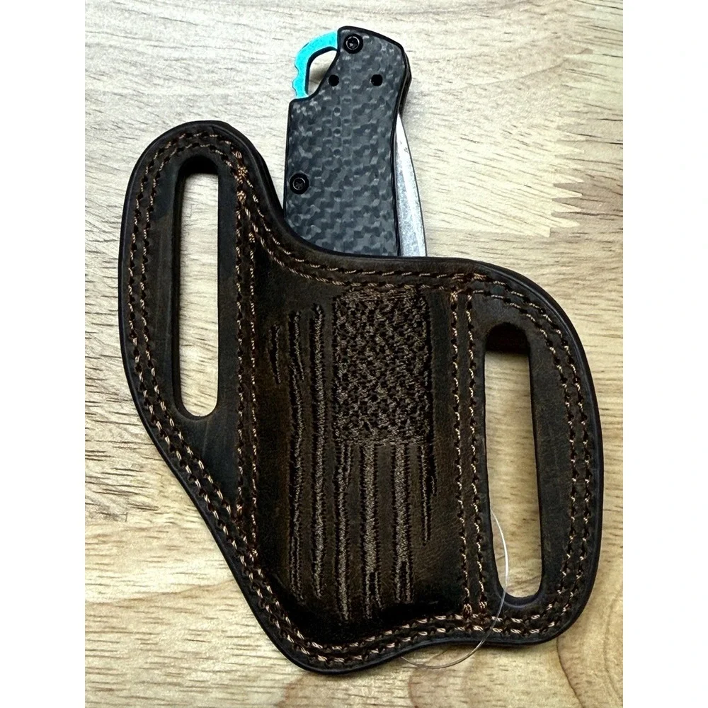 Ariat Brown Leather Belt Loop Knife Sheath Full Coverage Classic Design USA flag