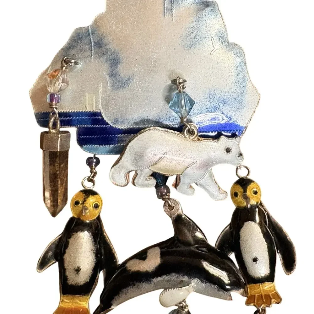 Vintage Sterling Silver, Crystals & Enamel Wintery Brooch Bears, Dolphins & More