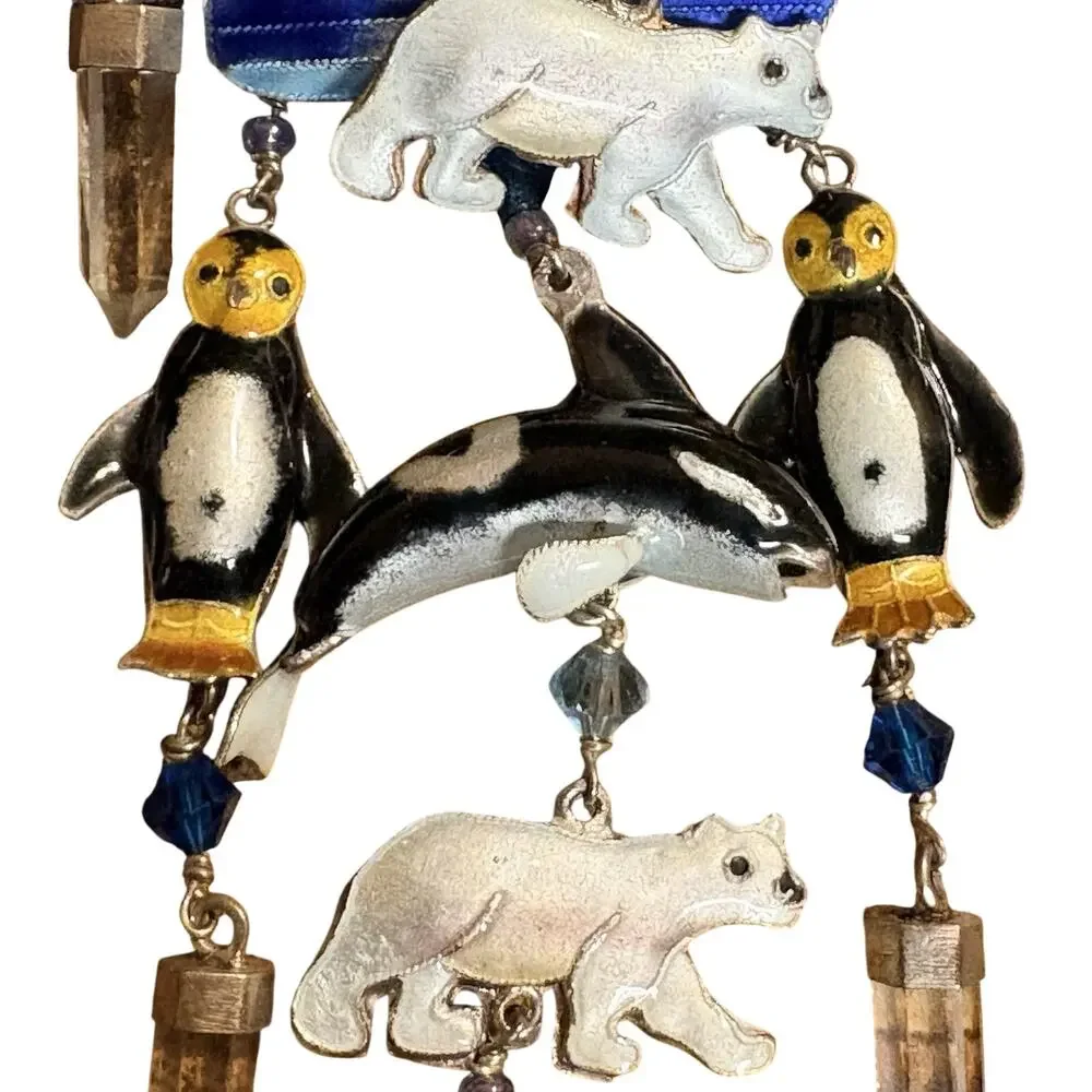 Vintage Sterling Silver, Crystals & Enamel Wintery Brooch Bears, Dolphins & More