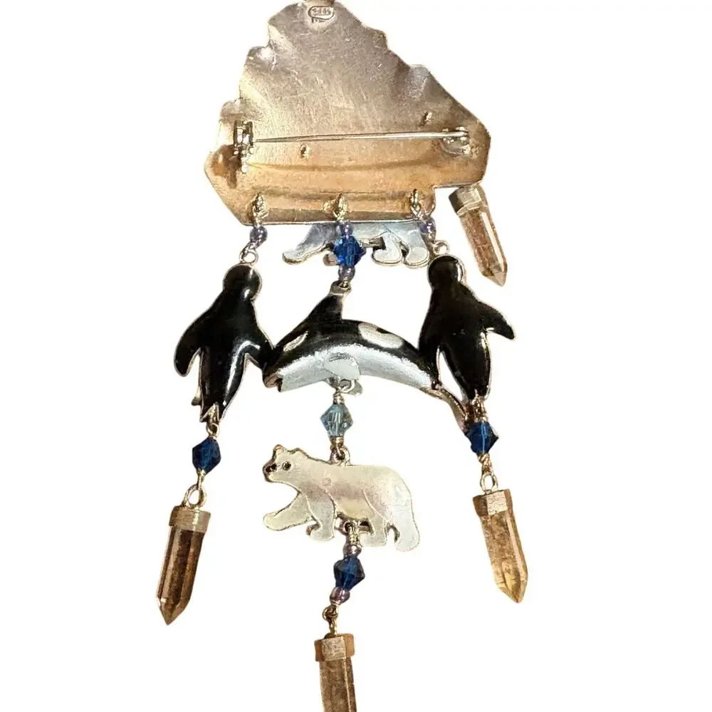 Vintage Sterling Silver, Crystals & Enamel Wintery Brooch Bears, Dolphins & More