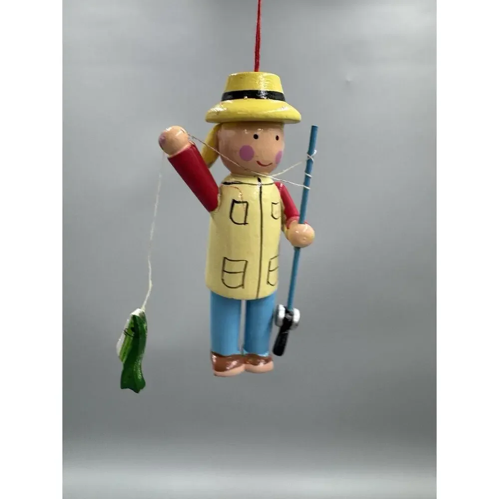 Christmas Ornament Wooden Fisherwoman Woman Fishing Holding Fish & Rod‎ 3”