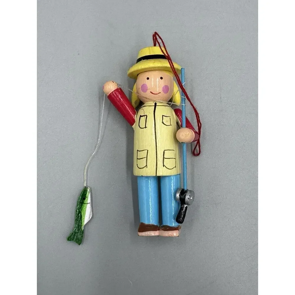 Christmas Ornament Wooden Fisherwoman Woman Fishing Holding Fish & Rod‎ 3”