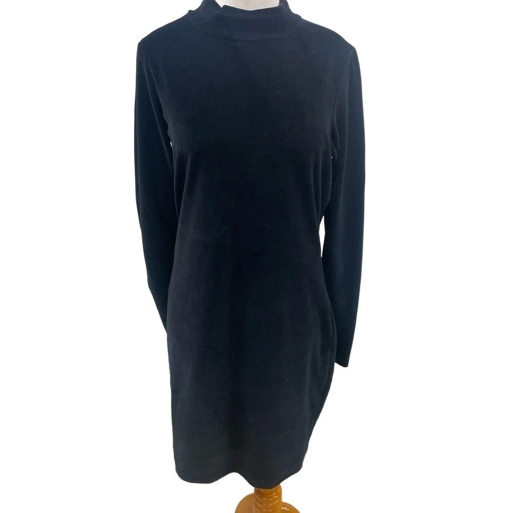 T by Alexander Wang Black Mock Neck Cut Out Back Velour Mini Shift Dress Large‎