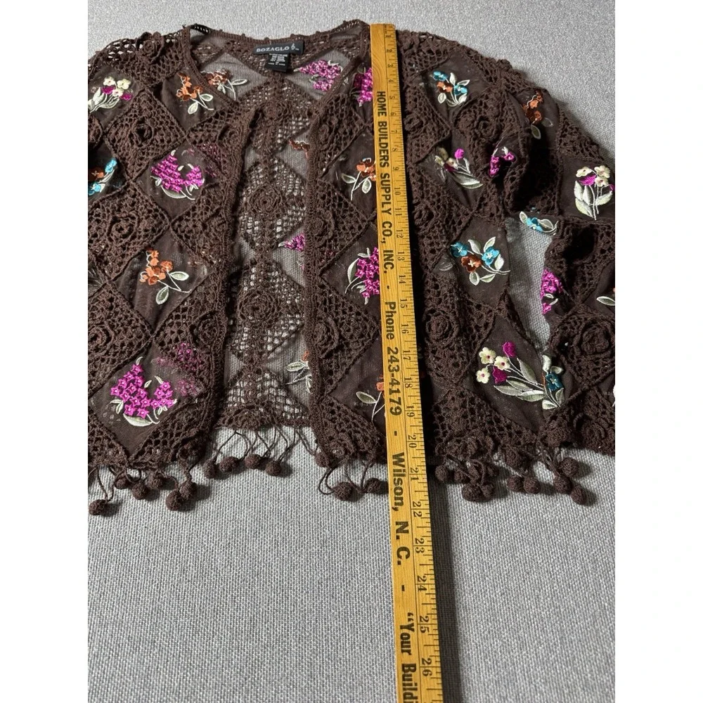 Bozaglo Women's Brown Crochet Open Front Sweater With Pink Floral Size Medium