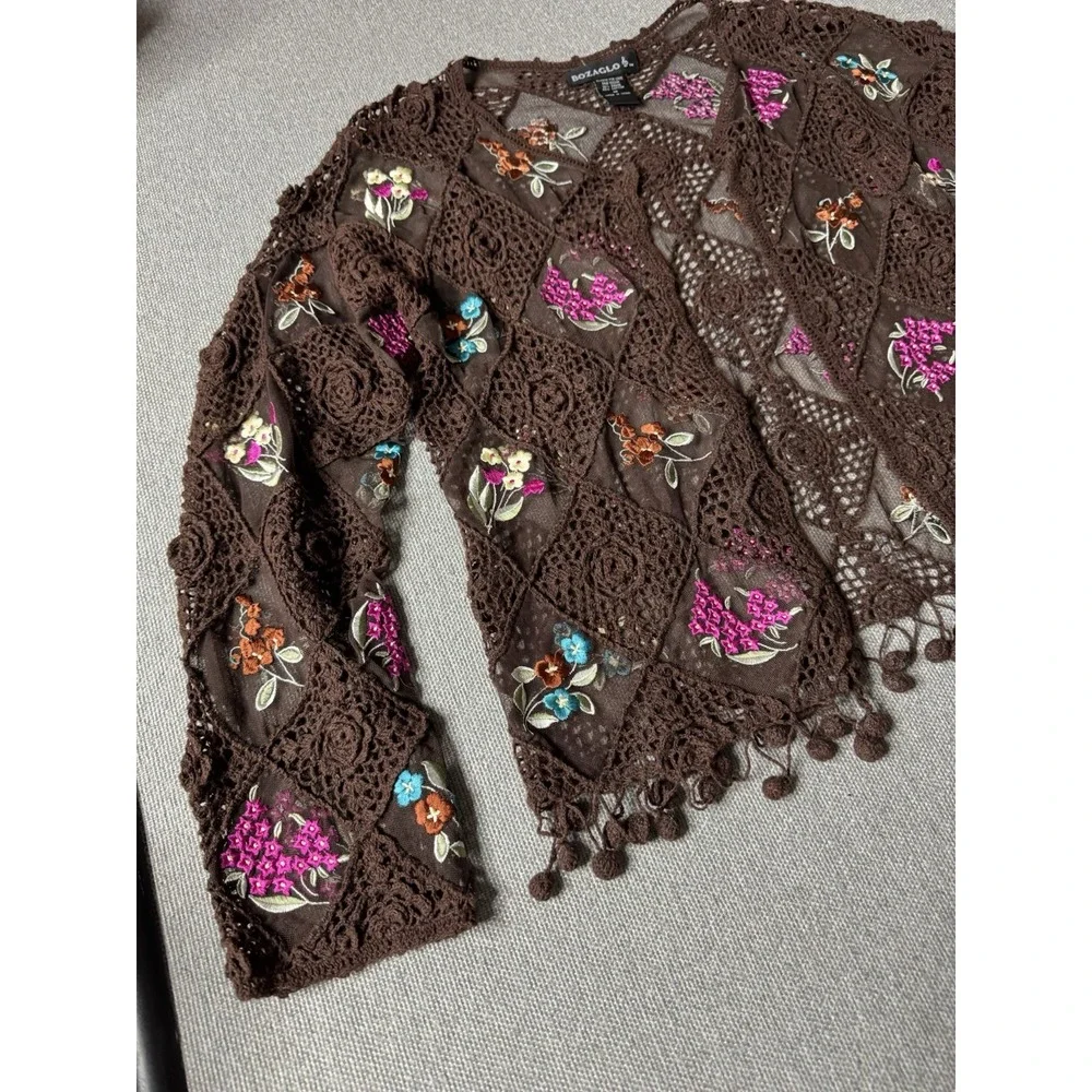 Bozaglo Women's Brown Crochet Open Front Sweater With Pink Floral Size Medium