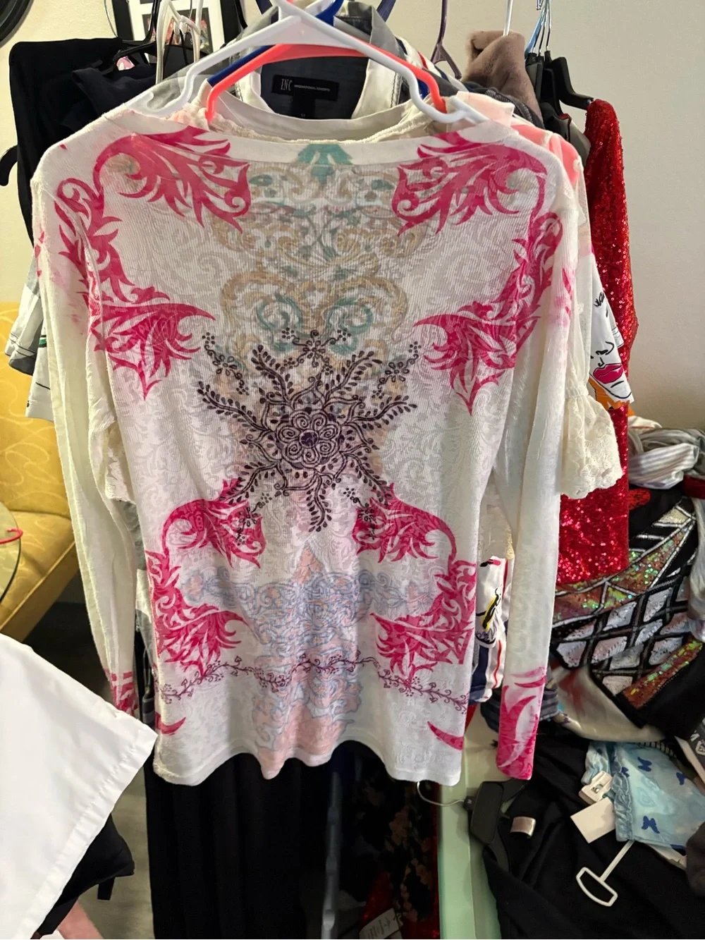 S-Twelve Cream Long Sleeve V-Neck Top with Pink and Purple Print