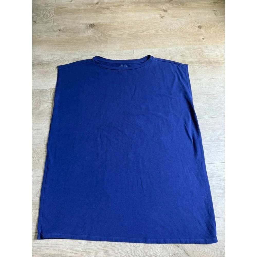 EUC Eileen Fisher short sleeve‎ organic tunic blue stretch side zippers size L