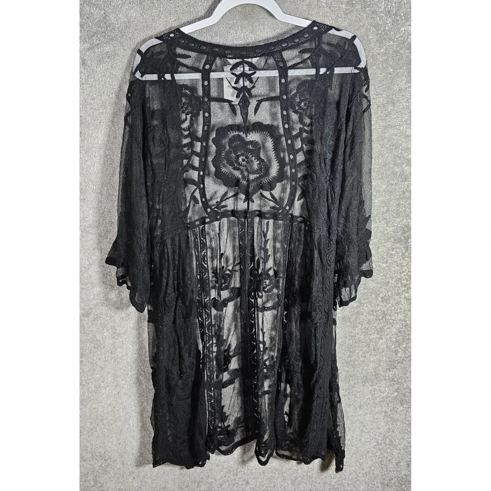 LC Lauren Conrad Open Front Floral Mesh Kimono Duster Womens OS Black Embroidery