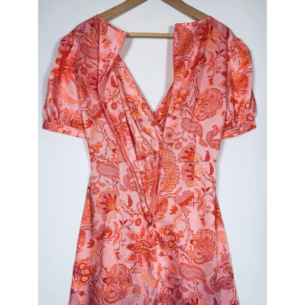 5a7 Cinq a Sept Kay Midi Dress Size 2 Pink Orange Floral Ruffle Faux Wrap Party