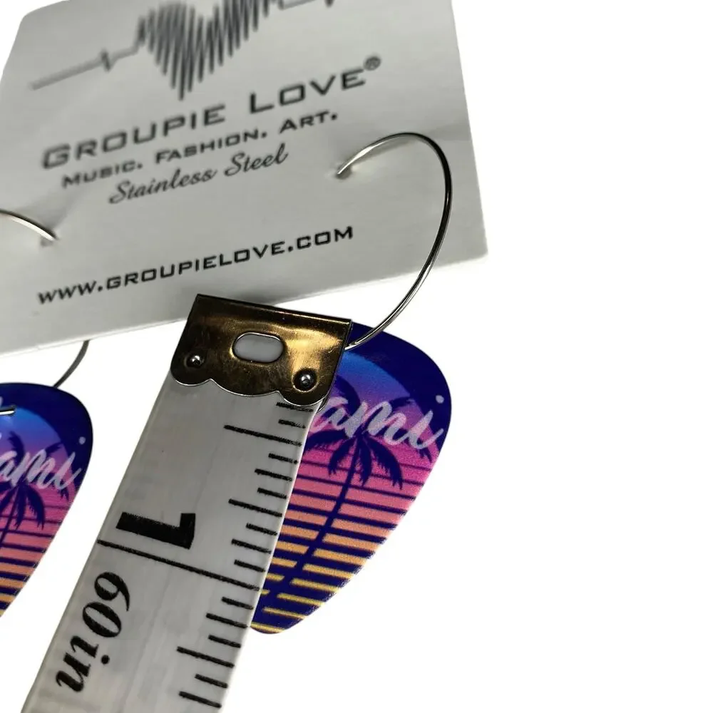 NWT Miami Striped Palm Tree Single Guitar Pick 25mm Hoop Festival Earrings