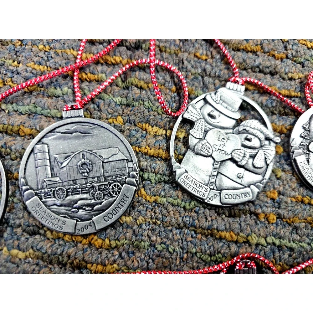 Set of 11 Country Promotional Pewter Christmas Ornament 1.75in Seasons Greetings