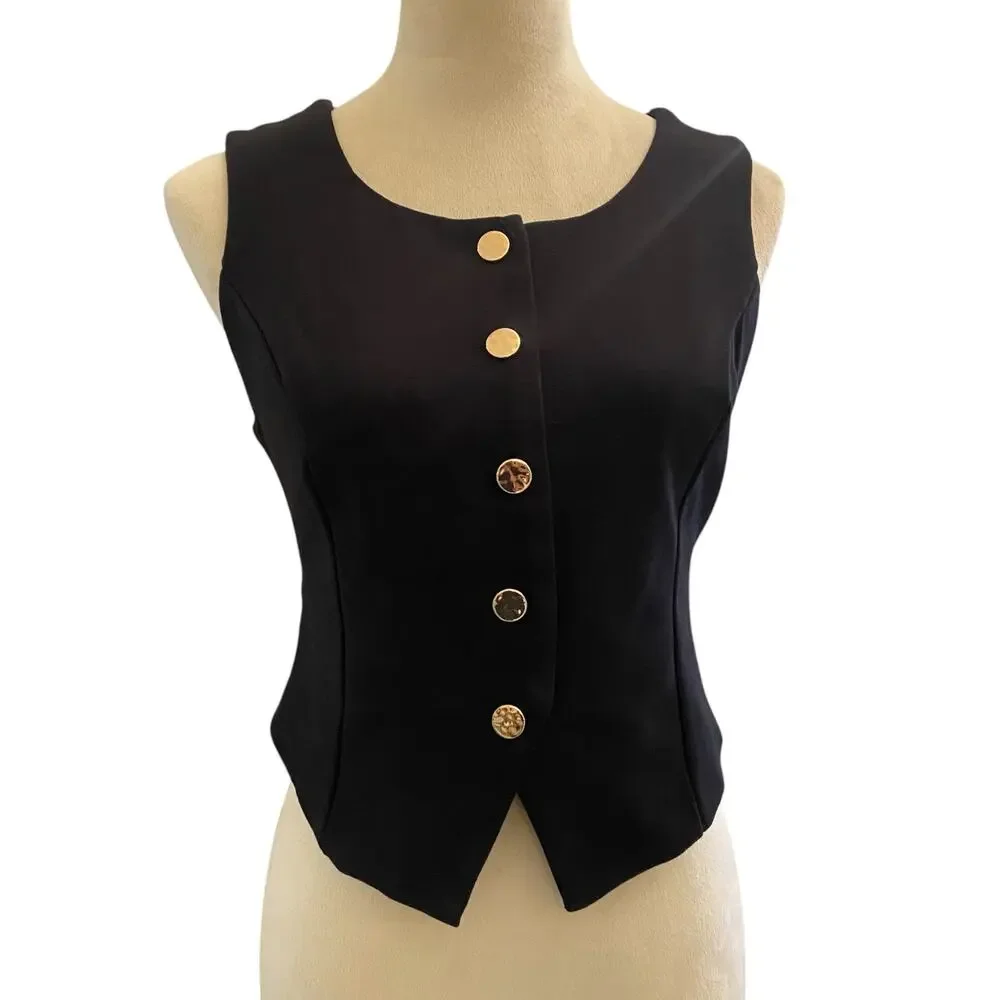 Women's Classic Size Medium Black Sleeveless Button-Front Vest with Gold Buttons